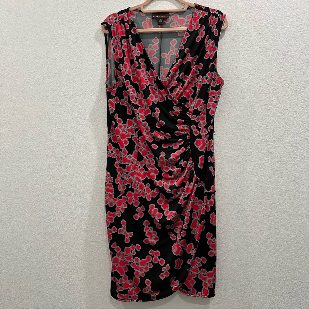 Dana Buchman Geometric Faux-Wrap‎ Dress Red, Black, White L *missing belt